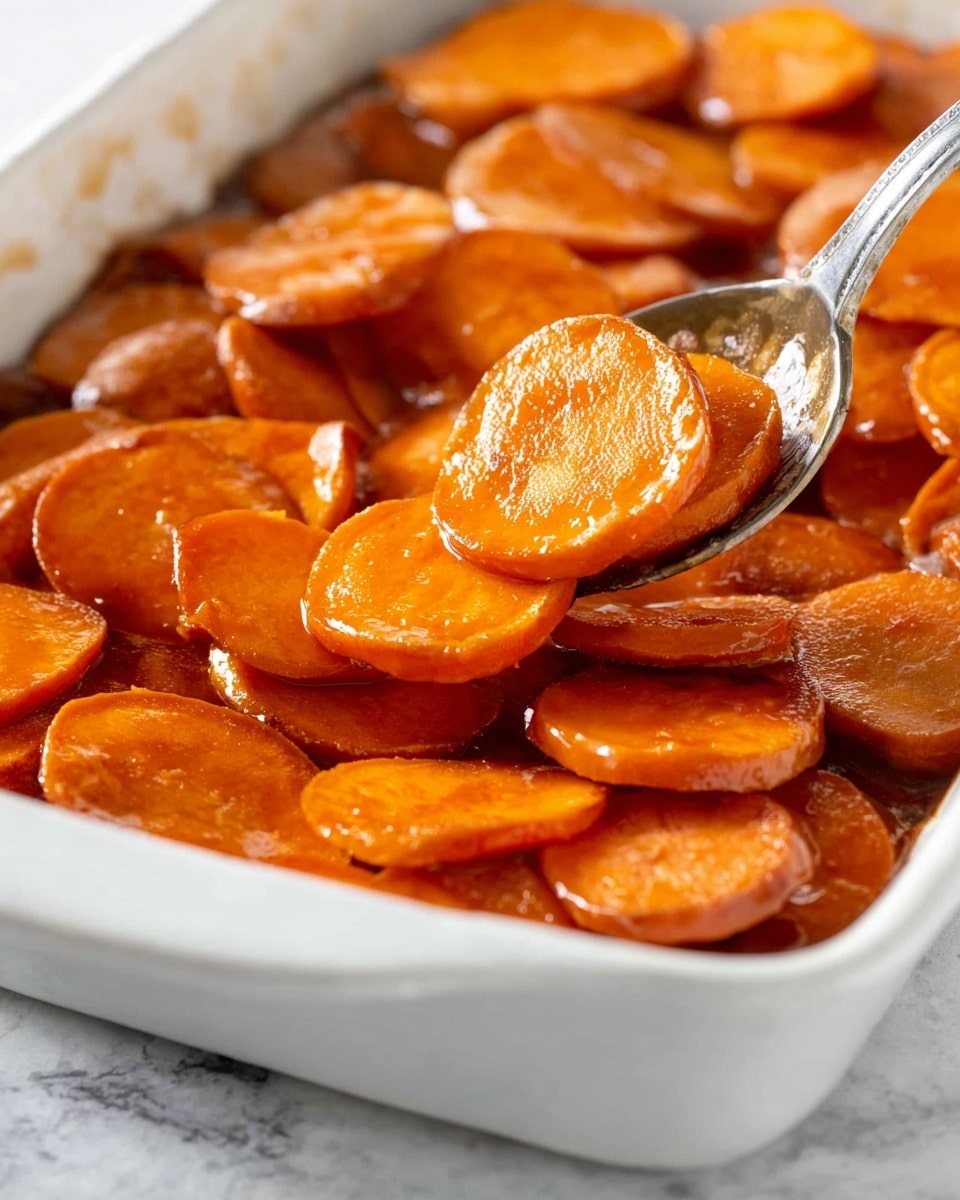 The image shows a white baking dish filled with cooked sweet potato slices, arranged in a slightly overlapping layer. The sweet potato slices are a vibrant orange color with a shiny, glazed texture, showing a slight caramelized edge. A metal spoon is partially visible, scooping some of the sweet potatoes from the dish. The background has a white marbled texture, adding a clean look to the image. photo taken with an iphone --ar 4:5 --v 7