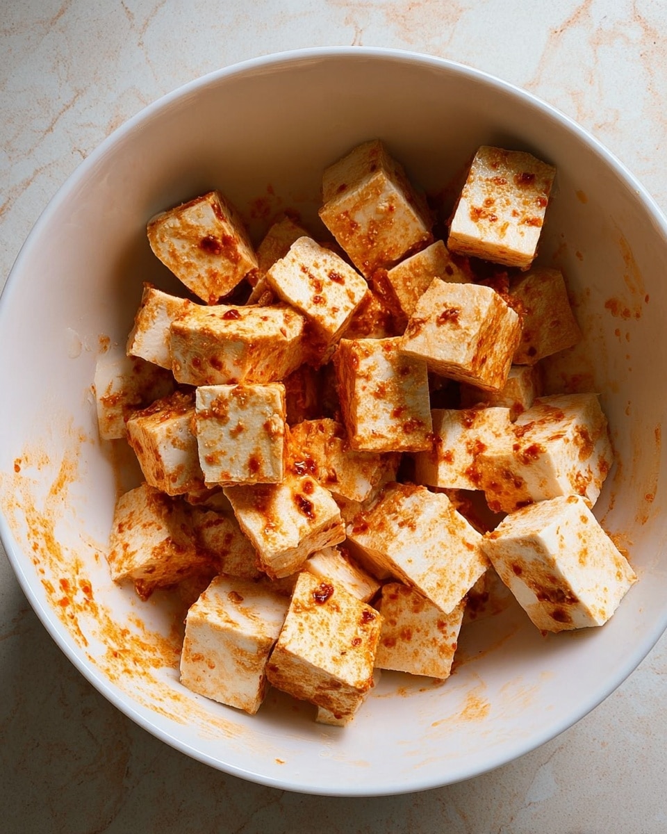 A white bowl holds many cubes of tofu coated with a reddish-orange sauce. The tofu pieces are stacked loosely, showing their soft texture with sauce spread unevenly on each piece and some sauce marks on the bowl’s inner sides. The background is a white marbled texture. photo taken with an iphone --ar 4:5 --v 7