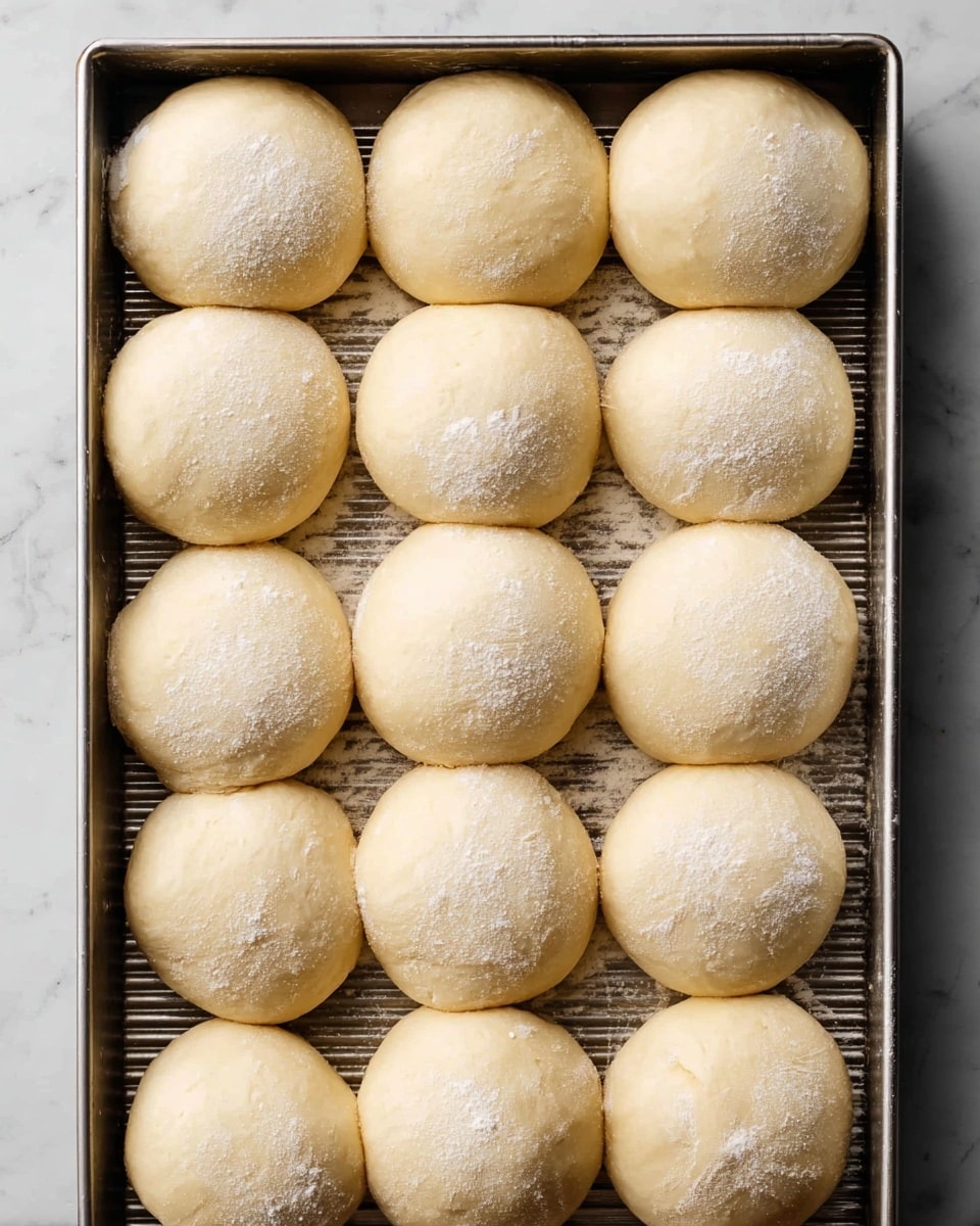 The image shows a metal baking tray filled with fifteen round dough balls arranged in three columns and five rows. Each dough ball is light beige, smooth, and slightly puffy, with a soft texture and a light dusting of flour on the top surfaces. The dough balls are close to each other but not touching, resting on the ridged metal tray that has some small drops of moisture around the dough. The background is a white marbled texture. photo taken with an iphone --ar 4:5 --v 7