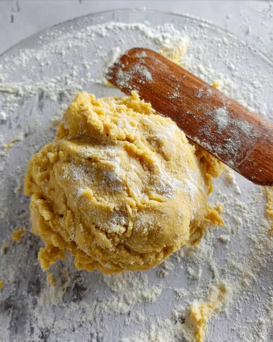 A mound of yellow dough with a slightly rough texture is placed on a clear glass surface dusted with white flour. A wooden spatula with a worn handle rests partly on top of the dough, showing some dough sticking to it. The background is a white marbled texture. photo taken with an iphone --ar 4:5 --v 7