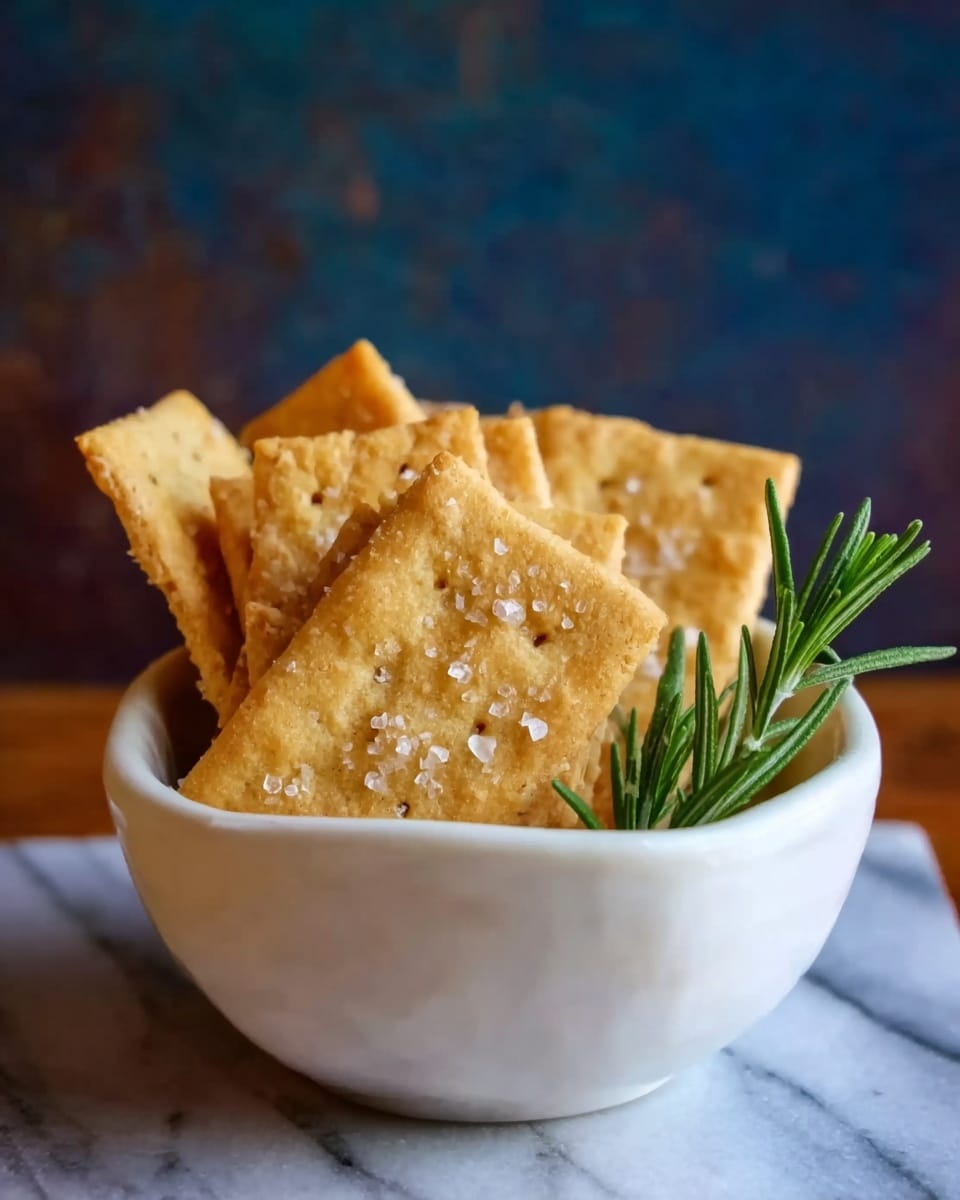 A small white bowl filled with several golden brown rectangular crackers sprinkled with coarse salt on top. The crackers stand upright inside the bowl, showing their rough texture. A small sprig of green rosemary is placed on the right side inside the bowl. The bowl sits on a white marbled surface with a blurred dark blue and brown background. photo taken with an iphone --ar 4:5 --v 7