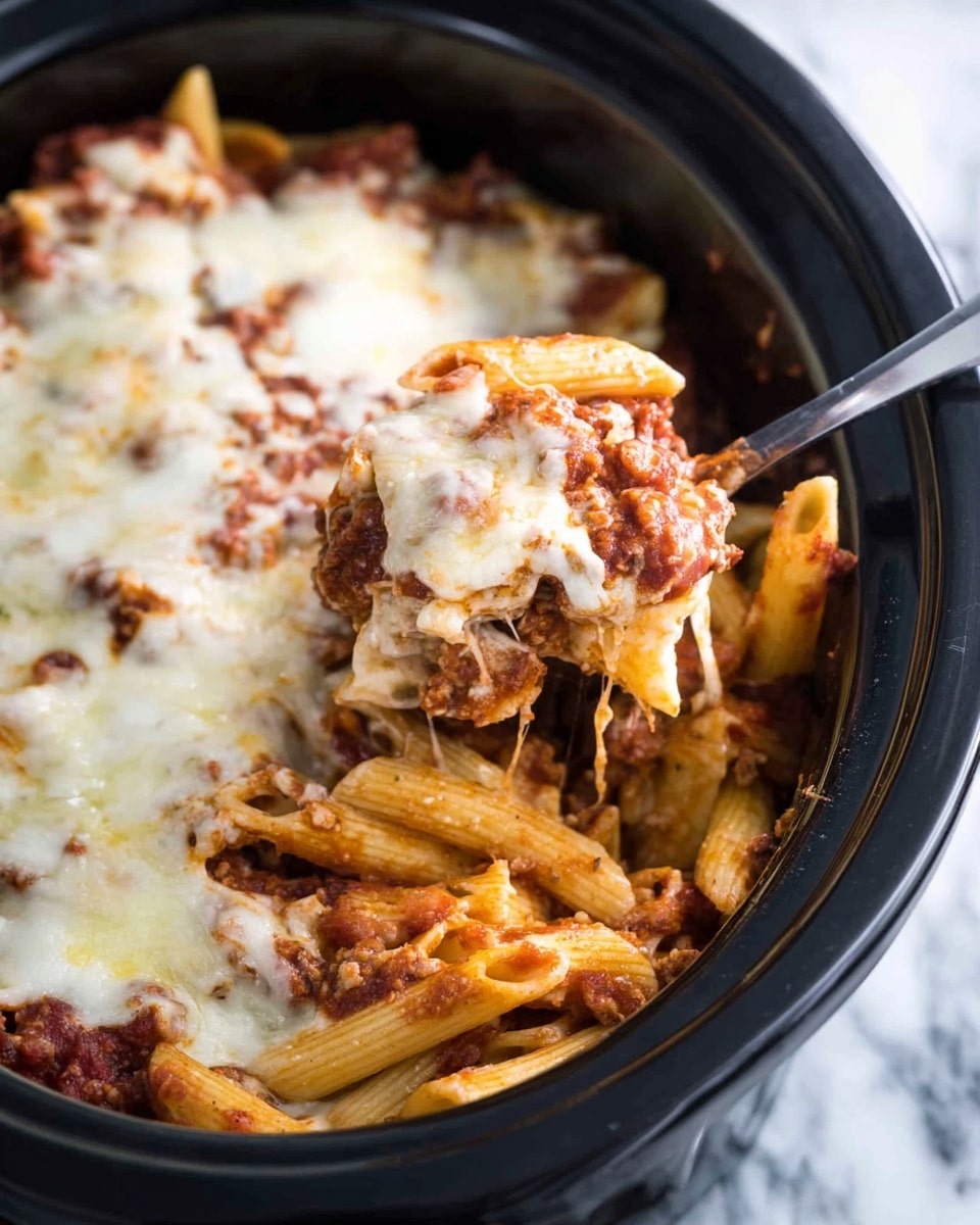 The image shows a close-up view of baked pasta in a black slow cooker. The dish has multiple layers: the bottom layer is golden yellow penne pasta mixed with reddish-brown meat sauce, followed by a layer of white creamy cheese, and topped with melted mozzarella cheese that is slightly browned and bubbly. The textures vary from soft pasta to smooth, thick sauce and stretchy, melted cheese on top. A silver and black spoon is partially scooping a portion of the pasta from the slow cooker. The background shows a white marbled surface. photo taken with an iphone --ar 4:5 --v 7