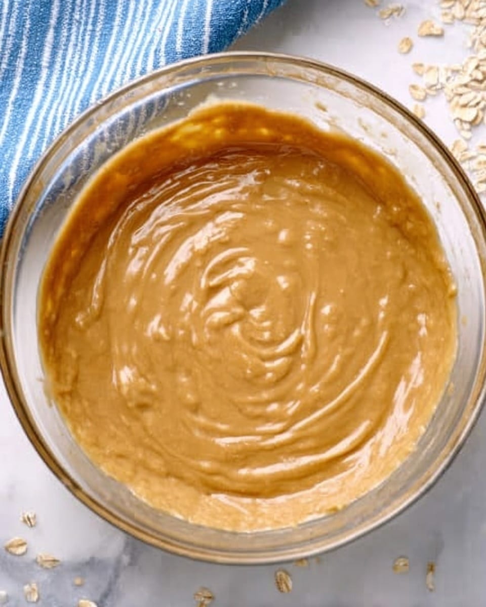 A clear glass bowl filled with smooth, thick, creamy, light brown batter swirled evenly in a circular pattern. The bowl is on a white marbled surface with scattered oat flakes near it. A small part of a blue and white striped cloth is visible in the top left corner. Photo taken with an iphone --ar 4:5 --v 7