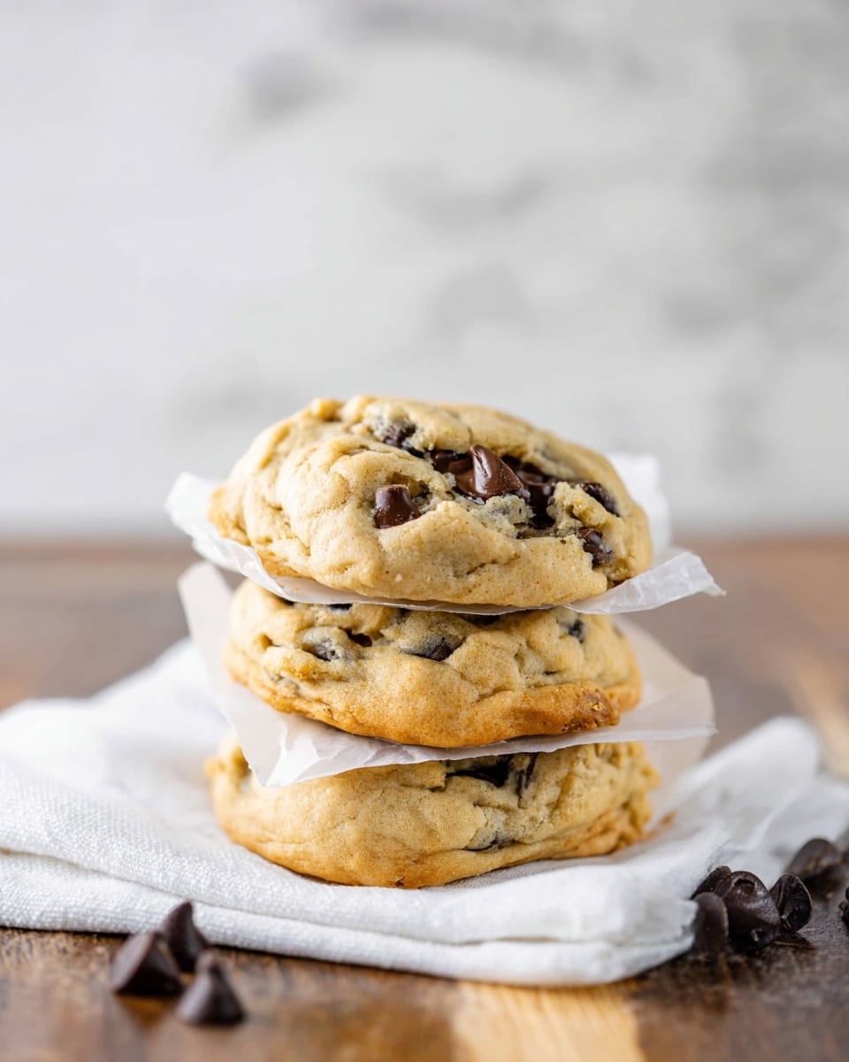 A stack of three thick, soft cookies with a golden-brown color, each separated by a piece of white parchment paper. The cookies are filled with visible dark chocolate chips that add texture and contrast to the light dough. The stack is placed on a white cloth on a wooden surface, with a few loose chocolate chips scattered nearby. The background features a simple white marbled texture, highlighting the cookies as the main focus. Photo taken with an iphone --ar 4:5 --v 7