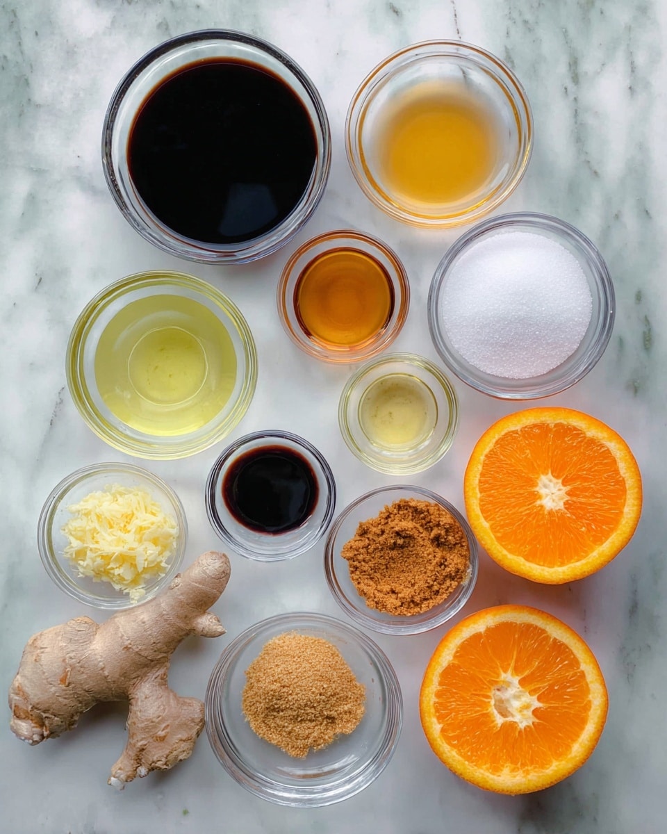 A flat lay of eleven small clear glass bowls and two orange halves arranged neatly on a white marbled surface. The bowls contain different ingredients including dark brown liquid, golden liquid, a cloudy white powder, light yellow grated pieces, clear liquid, and coarse brown granules, with two whole pieces of fresh light brown ginger root and a bulb of garlic nearby. The orange halves show bright, juicy orange flesh with textured skin. photo taken with an iphone --ar 4:5 --v 7