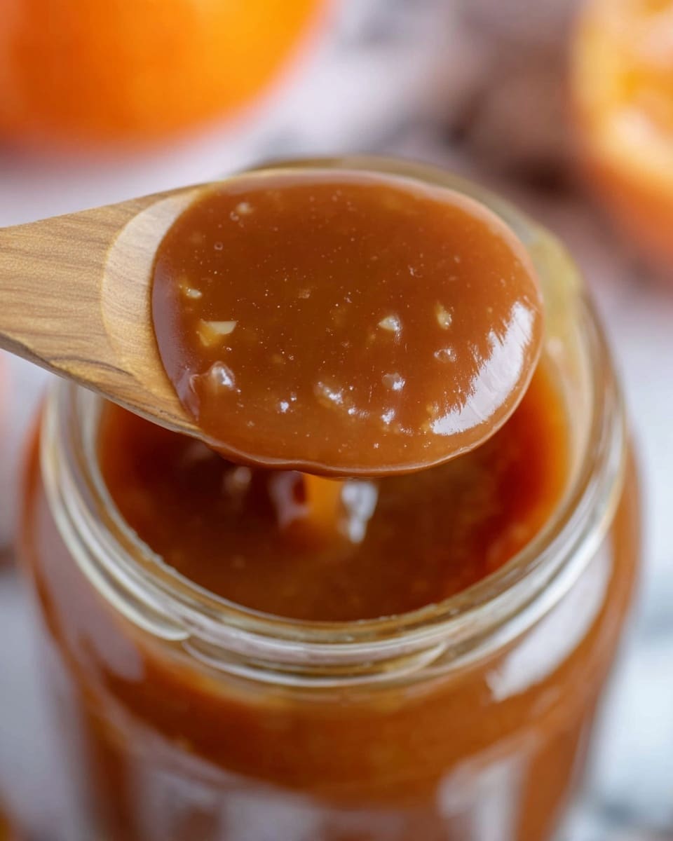 A close-up view of a thick, glossy sauce with a smooth texture and a rich caramel brown color, held on a wooden spoon above a clear glass jar filled with the same sauce. The sauce appears sticky and slightly translucent with small bubbles and bits inside. The background features a white marbled surface with a blurred edge of orange fruit visible. Photo taken with an iphone --ar 4:5 --v 7