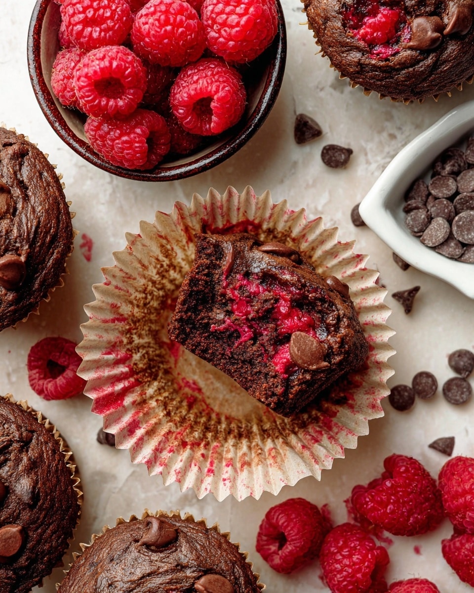 The image shows chocolate raspberry muffins with a rich, dark brown top scattered with small chocolate chips and bright red raspberry pieces. One muffin is open, revealing a soft inside filled with bright red raspberry bits, resting on a crinkled light beige paper liner with red stains. Around the muffins, there are fresh, plump red raspberries in a bowl with a dark rim, some scattered on a white marbled surface. Small chocolate chips are also scattered around, and a white divided dish holds some extra chocolate chips in the top right corner. The colors are warm and vivid, showing the moist texture of the muffins and the fresh raspberries. photo taken with an iphone --ar 4:5 --v 7