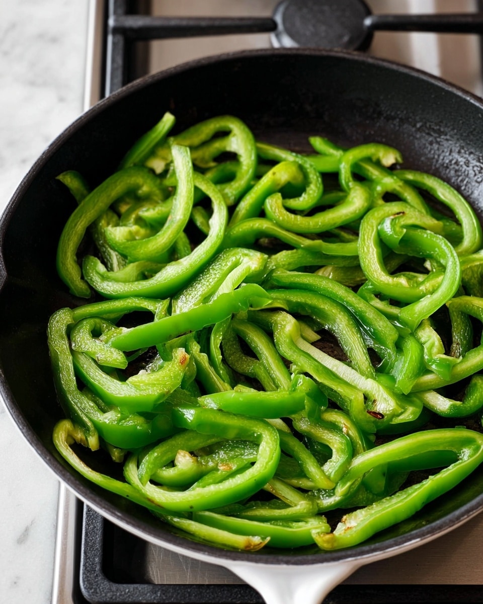 A close-up view of a black skillet with a white handle filled with thin strips of green bell peppers being cooked. The green pepper slices have a shiny, slightly soft texture with some parts showing light brown grill marks. The skillet sits on a stove top with a white marbled surface beneath it. The pepper pieces are spread out evenly inside the skillet, showing their bright green color and curved shapes. photo taken with an iphone --ar 4:5 --v 7