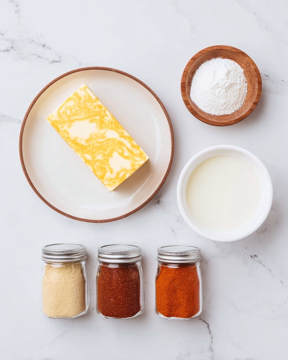 The image shows several cooking ingredients on a white marbled surface. In the middle left, there is a white plate with a brown rim holding a rectangular block of yellow and white marbled cheese. To the top right of the plate, there is a small wooden bowl filled with white powder. Below that, slightly to the right, is a white bowl filled with a white liquid. At the bottom of the image, three small glass jars with silver lids are lined up, each containing a different colored spice: the left jar has a light beige powder, the middle jar has a bright red-orange powder, and the right jar has a darker red-brown powder. photo taken with an iphone --ar 4:5 --v 7