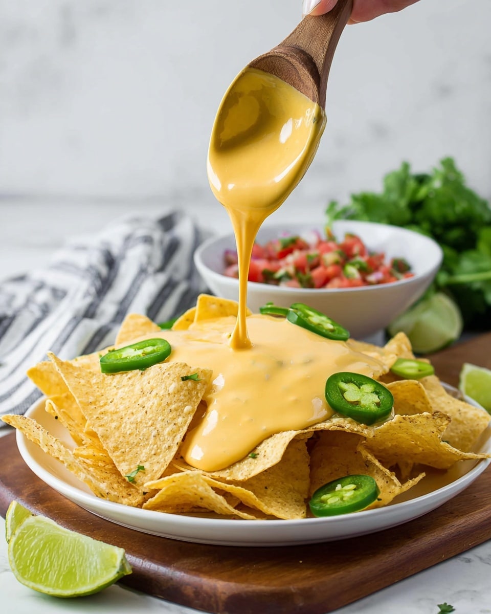 A white plate sits on a wooden board on a white marbled texture surface, filled with light yellow tortilla chips piled unevenly. On top of the chips, bright yellow cheese sauce is being poured from a wooden spoon held by a woman's hand, the sauce flowing in a thick stream and covering some chips. Bright green round slices of jalapeño peppers are scattered over the chips, adding contrast. In the background, there is a bowl with red and green salsa, some fresh green cilantro leaves, and a striped cloth. Two lime wedges rest on the surface near the plate. photo taken with an iphone --ar 4:5 --v 7