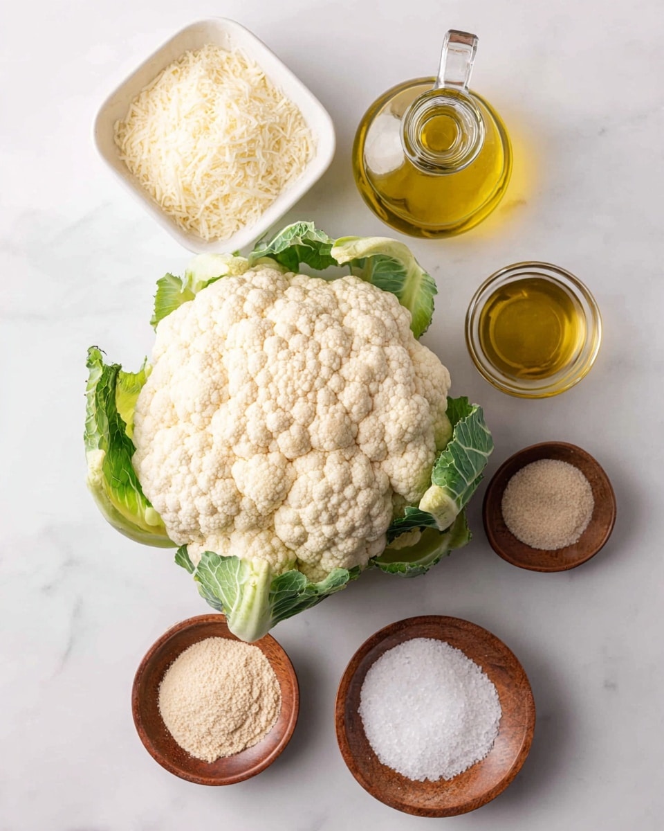 The image shows a whole cauliflower with green leaves at the bottom center, placed on a white marbled surface. Surrounding the cauliflower are five small containers holding different ingredients: at the top left is a white container filled with grated cheese, to the top right is a clear glass bottle of golden olive oil, below the cheese is a small wooden bowl with light brown powder, to the left of it another wooden bowl contains a finer light beige powder, and at the right side near the olive oil is a white bowl filled with white salt crystals. The arrangement is neat and the lighting is bright, highlighting the texture of each ingredient. photo taken with an iphone --ar 4:5 --v 7