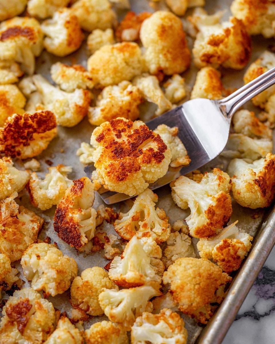 The image shows many small cauliflower pieces with a golden brown color on top, some parts darker brown, all on a flat silver baking tray with grooves. The cauliflower pieces have a soft texture with crispy spots, scattered all over the tray. A silver spatula is lifting some pieces in the right middle, reflecting the light. The background is a white marbled texture. photo taken with an iphone --ar 4:5 --v 7