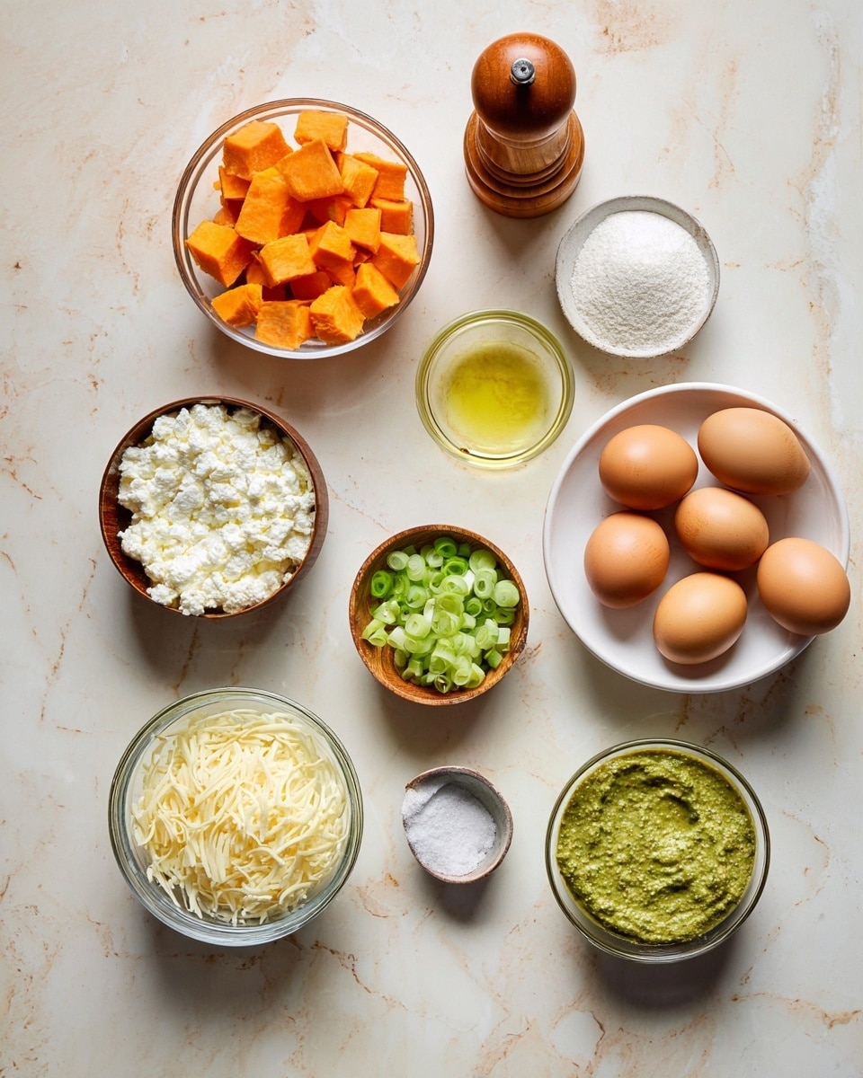 A white bowl filled with several brown eggs sits at the bottom right. Above it to the right is a small wooden bowl with two piles of white powder. To the left of the powders is a glass measuring cup filled with bright orange cubed sweet potatoes. Below the sweet potatoes is a small white bowl with pale yellow shredded cheese. Below the cheese, a small clear glass bowl contains a bright green pesto sauce. At the left of the pesto, another small wooden bowl holds coarse white salt. Above the salt, a clear glass bowl contains white cottage cheese with a textured surface. At the top middle, a small cup holds a little yellow olive oil. Next to the olive oil on the left is a clear glass bowl filled with green sliced spring onions. At the top left, there is a wooden pepper grinder. All items rest on a white marbled surface. Photo taken with an iphone --ar 4:5 --v 7