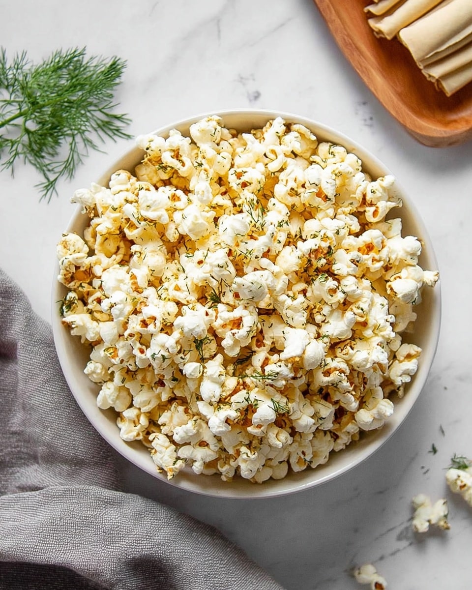 A white bowl is full of popped popcorn, each piece light yellow with brown edges and sprinkled with small green herb flakes. The popcorn is fluffy with some visible kernels, creating a rough and crunchy texture. A small sprig of fresh green dill is placed on the left side of the bowl. The bowl is on a white marbled surface with a gray cloth on the lower left and some green dill pieces scattered around. A wooden tray with light-colored rolled pieces is seen in the top right corner. The photo taken with an iphone --ar 4:5 --v 7