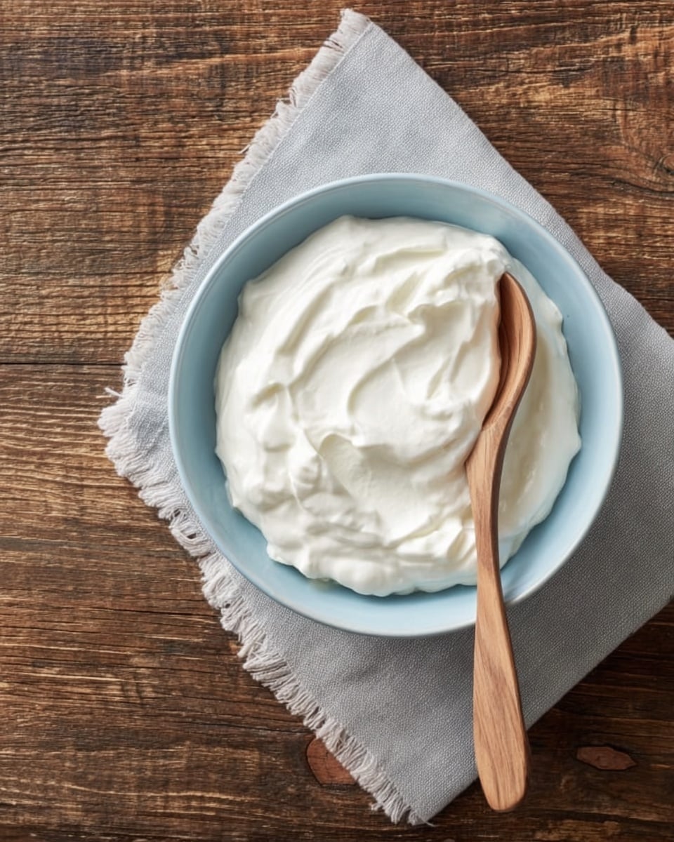 A light blue bowl filled with smooth, white cream that has soft, rounded textures on the surface. A wooden spoon rests inside the bowl, partly buried in the cream with its handle extending outward to the top left. The bowl sits on a light gray cloth napkin placed on a wooden table with visible grain and texture. photo taken with an iphone --ar 4:5 --v 7