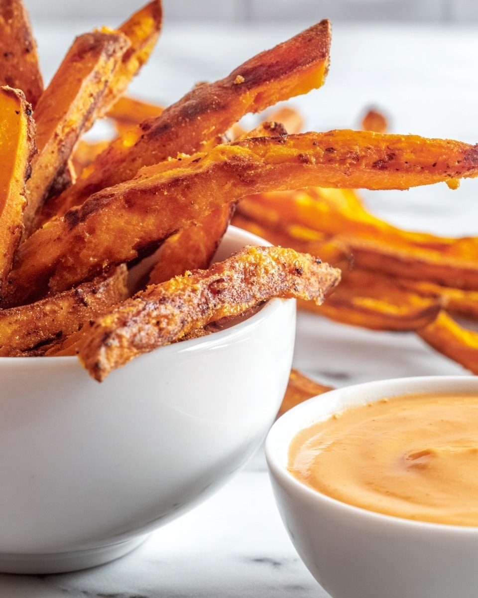 The image shows a close-up of crispy sweet potato fries in a white bowl, with some fries leaning over the edge towards another white bowl filled with a smooth, creamy sauce that has a light orange color. The fries are thick, textured with a slightly crispy and browned surface, showing a mix of orange and golden brown shades. The background is a white marbled surface, enhancing the bright and warm colors of the fries and sauce. The photo taken with an iphone --ar 4:5 --v 7
