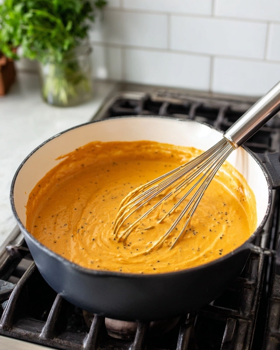 A close-up of a black pot with a white inside, filled with thick orange sauce with small black specks, being stirred by a silver whisk with black wires. The sauce texture looks smooth and creamy. The pot is on a black stove with a white marbled surface around it. In the background, there is a white tile wall and some green herbs slightly blurred. photo taken with an iphone --ar 4:5 --v 7