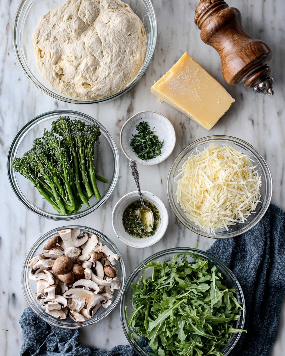 The image shows eight clear glass bowls and a small white bowl arranged on a white marbled surface. The largest bowl at the top left contains bubbly, light beige dough. To its right, a wedge of hard yellow cheese and a wooden pepper grinder sit next to a small white bowl filled with shredded white and pale yellow cheese. Below the dough, a small bowl holds finely chopped herbs in green oil with a silver spoon sticking out. Next to it is a medium bowl filled with raw, dark green broccolini stalks. At the bottom left, a medium bowl holds light brown and white sliced mushrooms. The largest bowl at the bottom right is filled with fresh, bright green arugula leaves. A dark blue cloth is partially visible underneath the mushroom and arugula bowls. Photo taken with an iphone --ar 4:5 --v 7