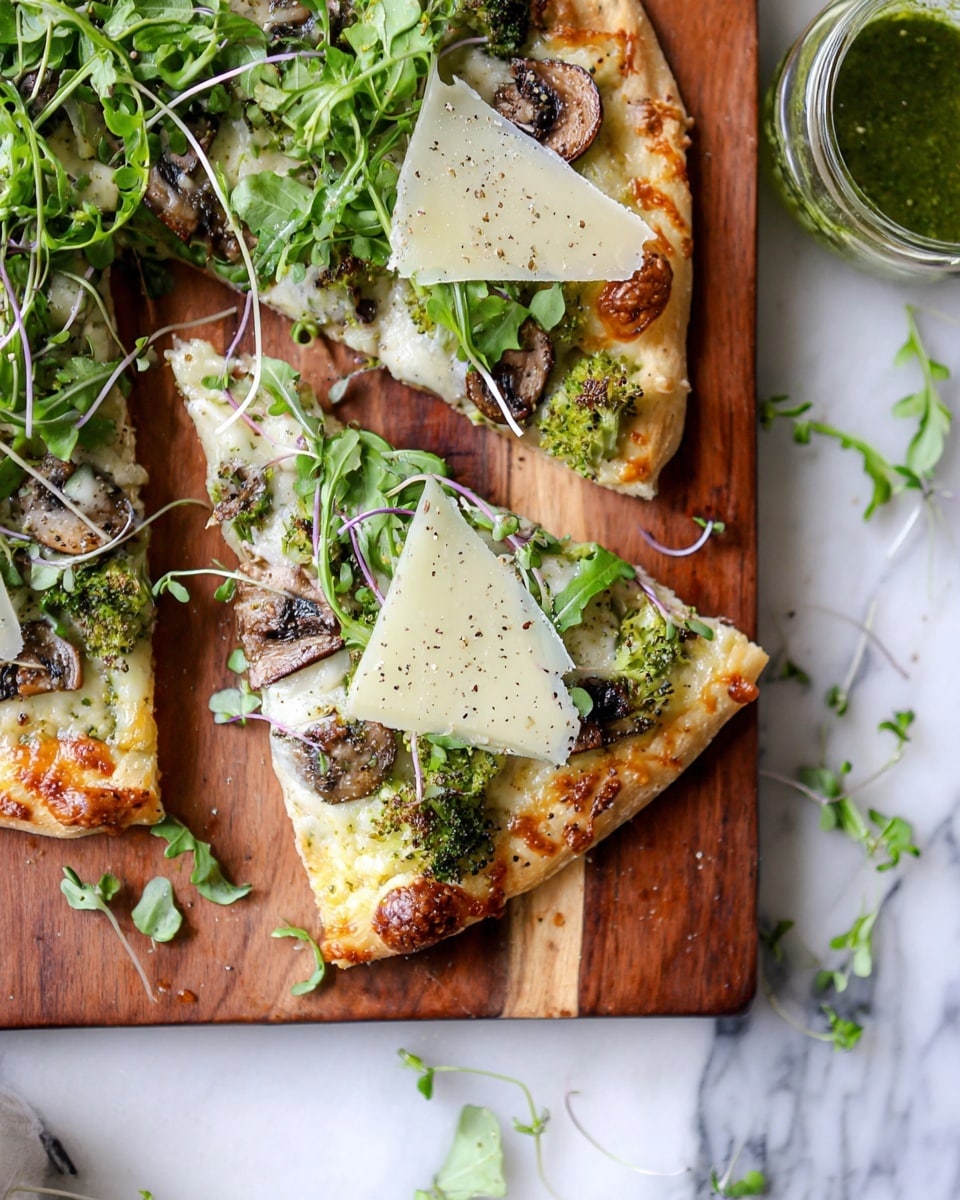 A slice of pizza sits on a wooden board, showing a golden-brown crust with some bubbly cheese melting on top. The first layer is melted cheese with cooked green broccoli florets and browned mushroom slices scattered over it. On top of these, fresh green arugula leaves and light purple-stemmed microgreens add a fresh, crisp layer. Large, thin, pale yellow parmesan cheese shavings are placed unevenly over the greens, sprinkled with black pepper. Some arugula and microgreens spill over the edges of the slice onto the wooden board. The scene is set on a white marbled surface, with a small jar of green sauce visible at the edge. photo taken with an iphone --ar 4:5 --v 7