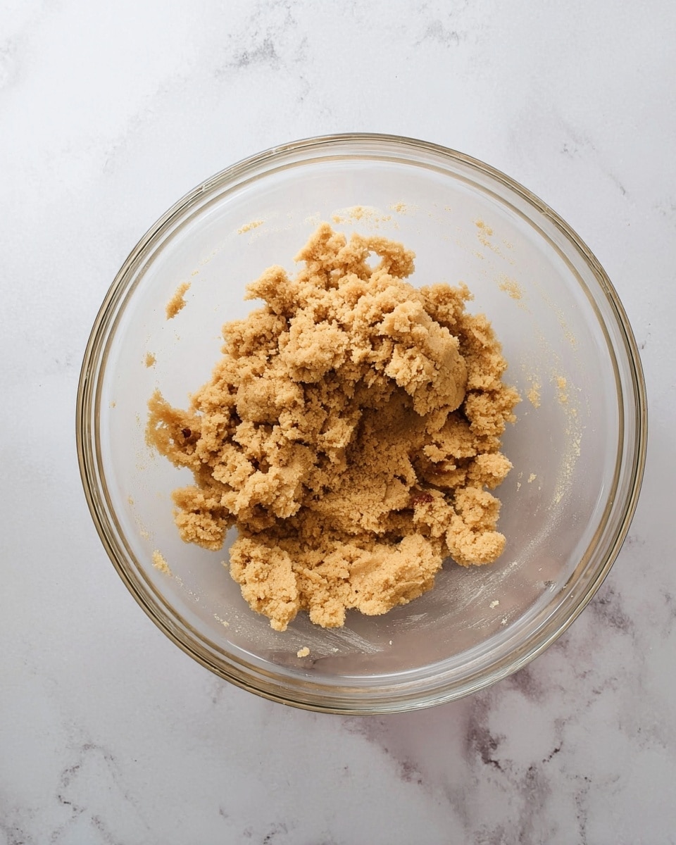 A clear glass mixing bowl holds a roughly textured, light brown cookie dough that looks soft and slightly sticky, sitting in the center of the bowl and spreading out unevenly with some small clumps around the edges. The bowl is placed on a white marbled surface with subtle grey veins. The photo is taken from above, showing the dough’s rough and crumbly texture clearly in the bright light. photo taken with an iphone --ar 4:5 --v 7