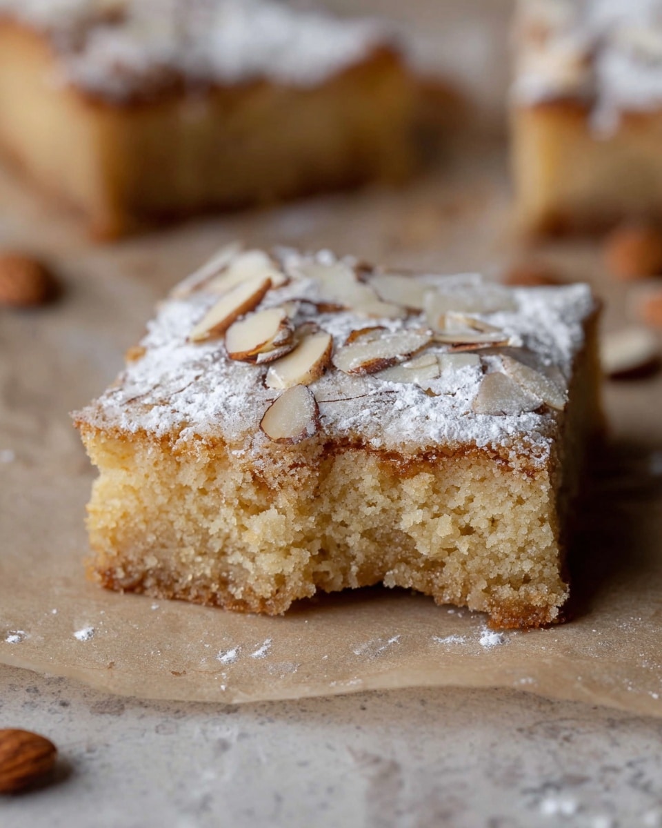 A square piece of light brown cake with a soft and crumbly texture sits on a parchment-lined surface, showing a small bite taken from one corner. The cake has three visible layers: a dense bottom layer, a slightly lighter and softer middle layer, and a thin top layer covered with white powdered sugar and sprinkled with thin, toasted almond slices. Scattered almond pieces surround the cake, adding texture to the simple presentation. Photo taken with an iphone --ar 4:5 --v 7