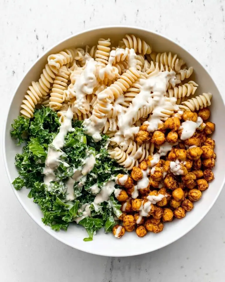Kale Caesar Pasta Salad with Crispy Chickpeas Recipe