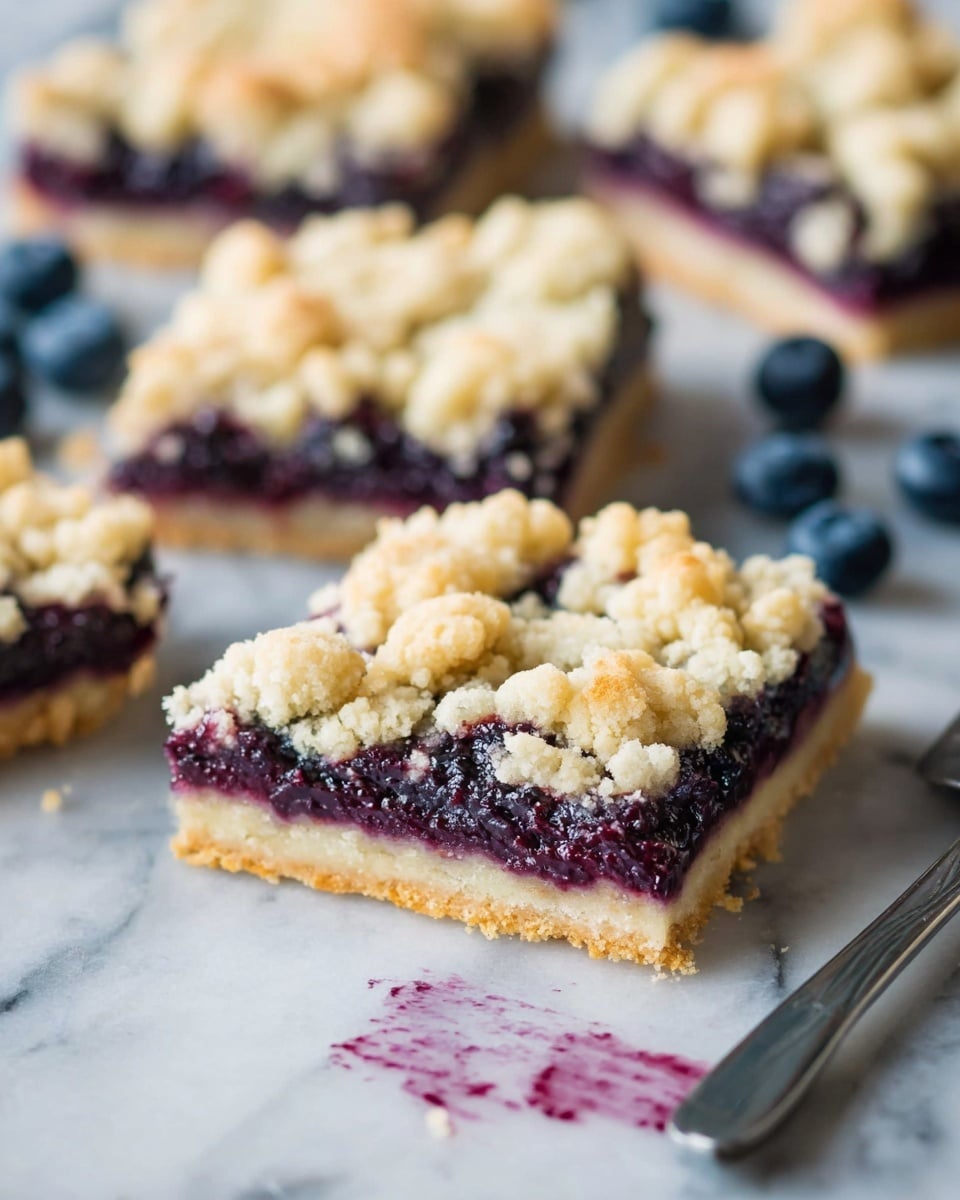 The image shows a close-up of blueberry crumb bars on a white marbled surface. Each bar has three layers: the bottom layer is a light golden crust with a smooth texture, the middle layer is a thick, dark purple blueberry filling with a slightly glossy and juicy look, and the top layer is a crumbly, pale golden streusel with uneven chunks scattered over the top. Several bars are placed in the background, slightly out of focus, with some fresh blueberries scattered around. A metal spatula with some purple stains lies near one bar in the foreground. Photo taken with an iphone --ar 4:5 --v 7