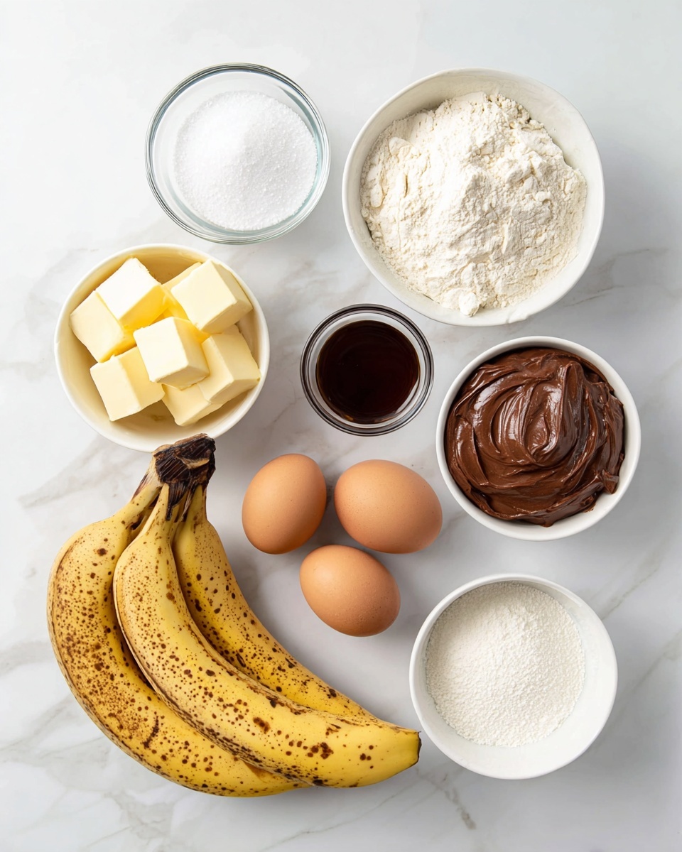 The image shows seven ingredients arranged on a white marbled surface. Starting from the top left, there is a small clear glass bowl with white powder, likely salt. Next to it on the right is a white bowl filled with white flour. Below the flour, a small clear glass bowl contains a dark brown liquid, likely vanilla extract. To the left of the vanilla is a white bowl holding several pale yellow butter cubes. Below the butter are two brown eggs side by side. To the left of the eggs, three ripe bananas with brown spots rest next to a white bowl filled with white granulated sugar. Above the bananas, a small white bowl contains creamy chocolate spread. All items are carefully arranged with even spacing. Photo taken with an iphone --ar 4:5 --v 7