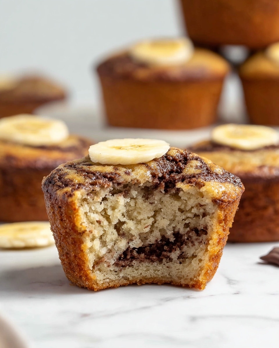 The image shows a close-up of a cut banana muffin placed on a white marbled surface. The muffin has two main layers: the bottom layer is light brown with dark chocolate swirls scattered throughout, and the top layer is slightly lighter with a soft, crumbly texture topped with a thin banana slice. In the background, several whole muffins of the same kind are blurred but visible, placed directly on the white marbled surface. The overall setting is bright and clean with a focus on the muffin’s textured inside and the banana slice on top, photo taken with an iphone --ar 4:5 --v 7