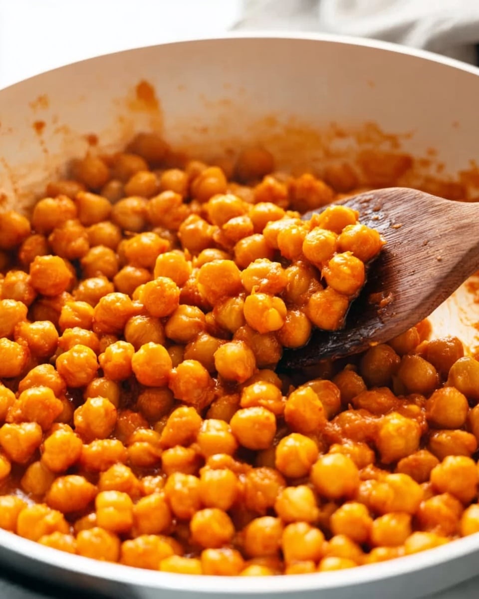 The image shows a white pan filled with cooked chickpeas that are coated in a bright orange sauce with a slightly oily texture. The chickpeas are plump and glossy, covering the entire pan evenly as if being stirred. A wooden spatula with a dark tip is resting in the pan, partially lifting some chickpeas and showing the sauce’s thickness. The background is softly blurred with a focus on the chickpeas, highlighting their round shapes and the vibrant color contrast between the orange sauce and the white pan. photo taken with an iphone --ar 4:5 --v 7