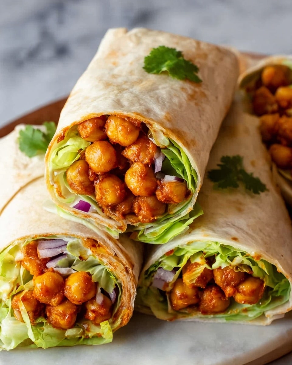 The image shows four wraps on a white plate with a white marbled surface underneath. Each wrap is made with a light beige tortilla that is soft and slightly translucent. Inside, the wraps have three main layers: a top layer full of golden-brown chickpeas coated in a reddish-orange sauce, a middle layer of fresh, bright green lettuce, and a bottom layer with bits of thinly sliced purple onion. Some wraps are cut in half, showing the layers clearly from the open ends, while others remain whole and are topped with small green cilantro leaves. The focus is close-up, capturing the texture of the chickpeas and fresh vegetables. photo taken with an iphone --ar 4:5 --v 7