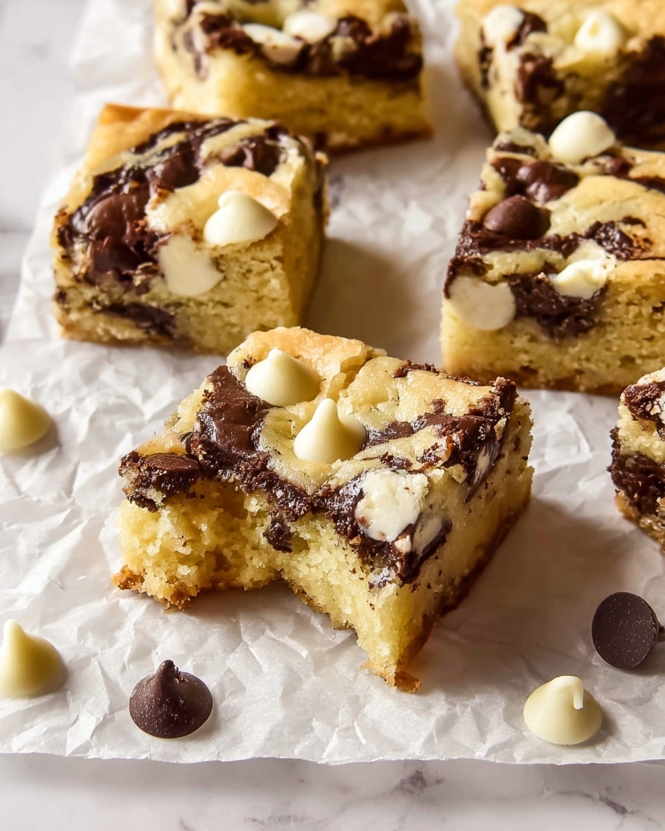 The image shows several thick, square bars of blondie on crinkled white paper over a white marbled surface. Each blondie has a soft, pale yellow base with a rough texture, mixed with melted dark and white chocolate chips that create dark brown and creamy white irregular patches on the top and throughout the bars. The front blondie has a bite taken out of it, showing its moist, dense inside filled with swirls of melted chocolate. Scattered around are extra dark and white chocolate chips, some shiny and smooth, adding contrast to the soft texture of the bars. The overall look is warm and inviting, with the soft colors of the blondies standing out against the white paper and white marbled surface. photo taken with an iphone --ar 4:5 --v 7