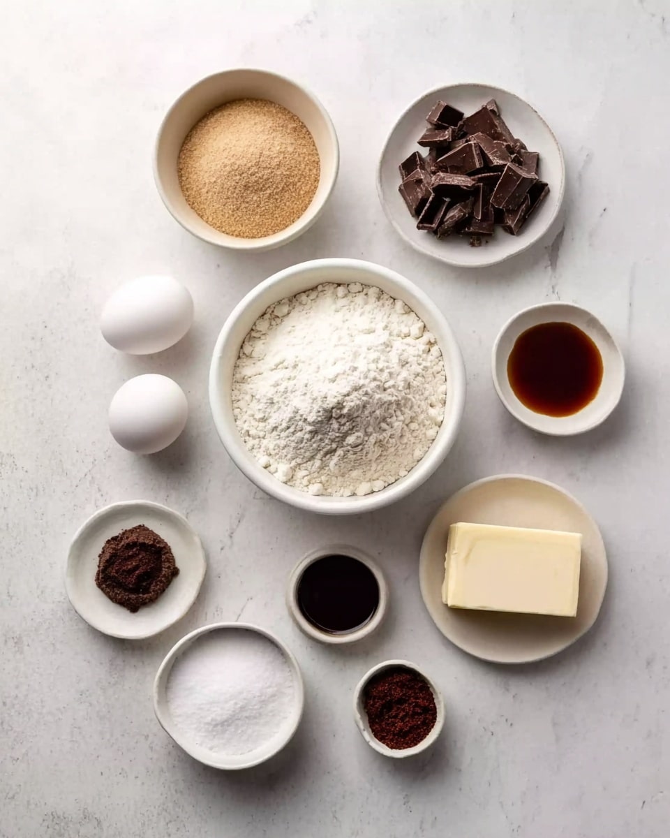 A flat lay image of nine baking ingredients arranged neatly on a white marbled surface. In the center is a white bowl filled with plain white flour. Above it, slightly to the left, is a white bowl with light brown soft sugar, and to the right of that is a small white dish filled with irregular dark brown chocolate shavings. To the right of the chocolate is a light block of white butter. Below the flour bowl, there are three small white dishes spread out. The left one contains powdery white baking soda, the middle one contains fine white salt, and the right one contains dark black coffee powder. Below these, to the left, is a white bowl with two white eggs, and to its right, a white bowl with granulated white sugar. Lastly, near the center right side, there is a small white bowl filled with thin dark brown vanilla extract. photo taken with an iphone --ar 4:5 --v 7