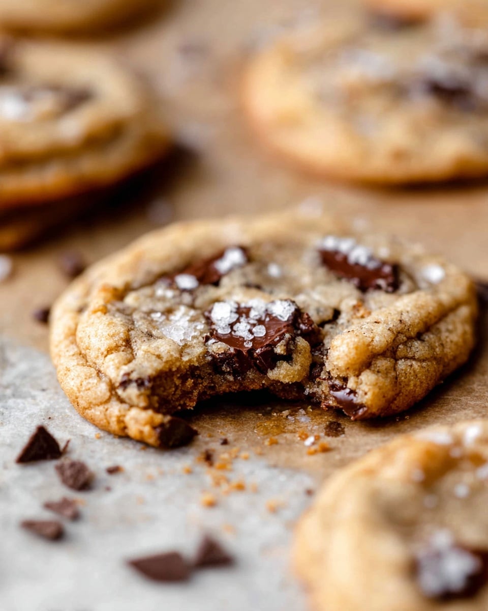A close-up view of a soft, thick cookie with visible chocolate chunks and a few white salt flakes on top, with one cookie clearly showing a bite taken from its side. The cookie’s surface looks textured and chewy with darker melted chocolate spots. Around the cookie, there are scattered chocolate chips and cookie crumbs. In the background, blurred similar cookies are visible placed on a light brown baking paper, all set on a white marbled surface. photo taken with an iphone --ar 4:5 --v 7