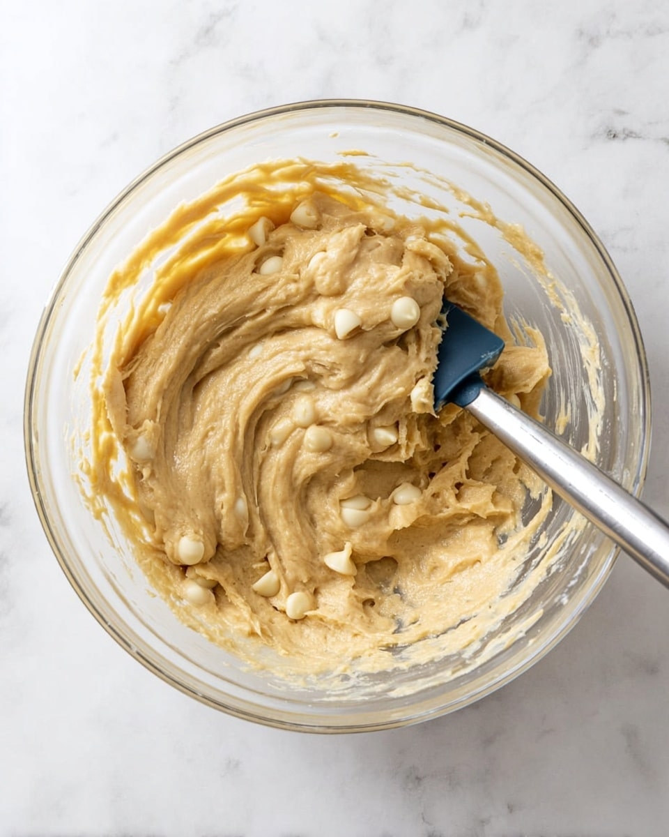 A clear glass bowl holds light tan cookie dough mixed with white chocolate chips spread evenly throughout, showing creamy, thick texture with visible swirls from stirring. A spatula with a dark blue silicone head and silver handle is partially immersed in the dough on the right side. The bowl sits on a white marbled surface, creating a clean and bright setting. photo taken with an iphone --ar 4:5 --v 7