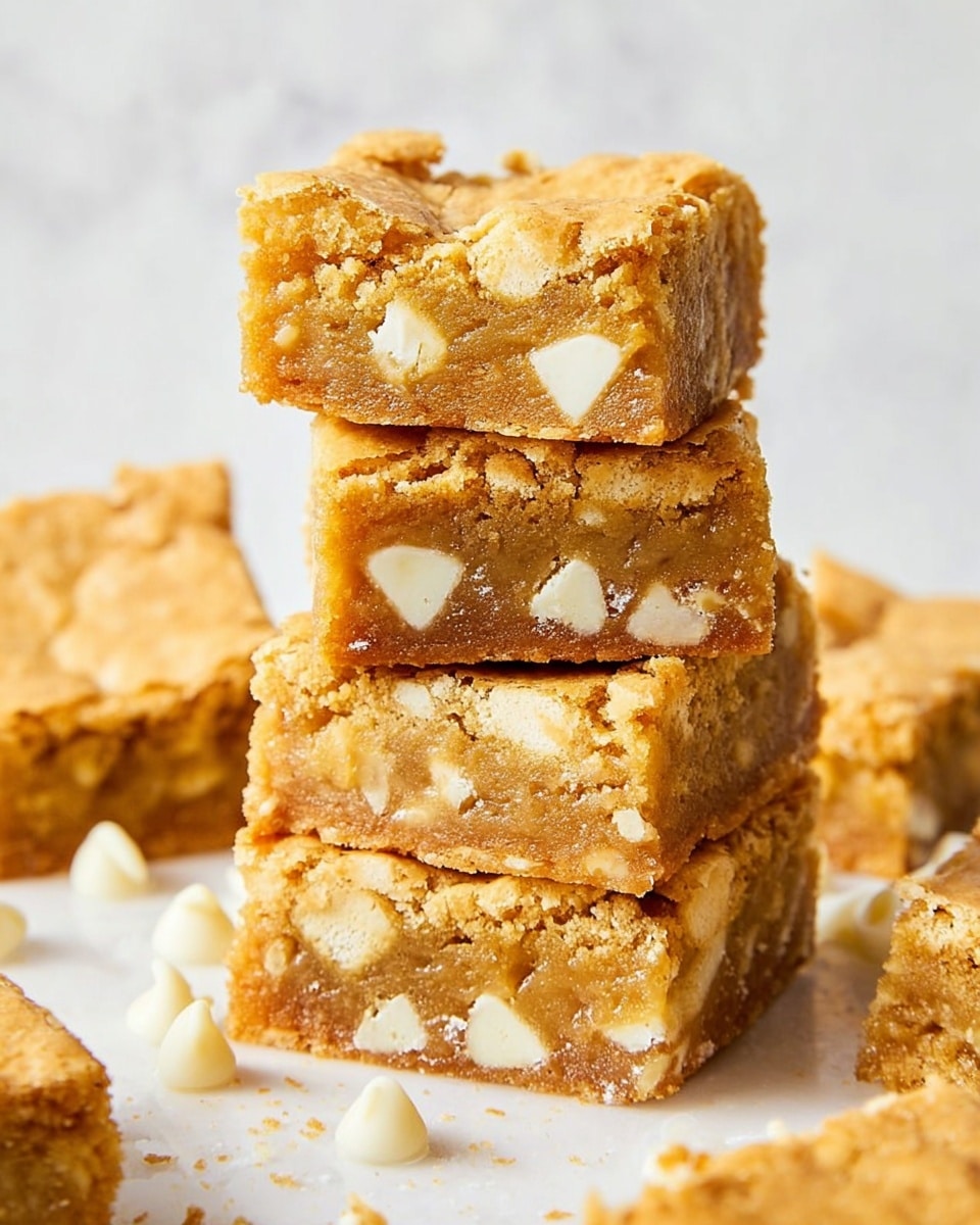 A stack of four square blondies with a golden brown crust and a soft, moist inside filled with visible white chocolate chips. Each square shows a rough, slightly crumbly top layer with a light crackle texture and a thick middle layer dotted evenly with white chunks embedded inside. The blondies sit on a white marbled surface with additional pieces scattered softly around, creating a cozy and inviting look. photo taken with an iphone --ar 4:5 --v 7