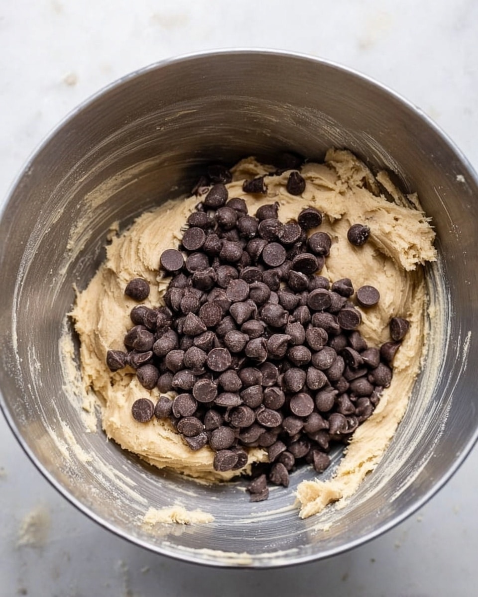 A close-up view of a large silver mixing bowl sitting on a white marbled surface showing cookie dough inside. The dough is light tan and smooth, filling the bottom half of the bowl. On top, there is a pile of dark brown chocolate chips sitting mostly in the center. The inside sides of the bowl have some dough streaks lightly spread around. photo taken with an iphone --ar 4:5 --v 7