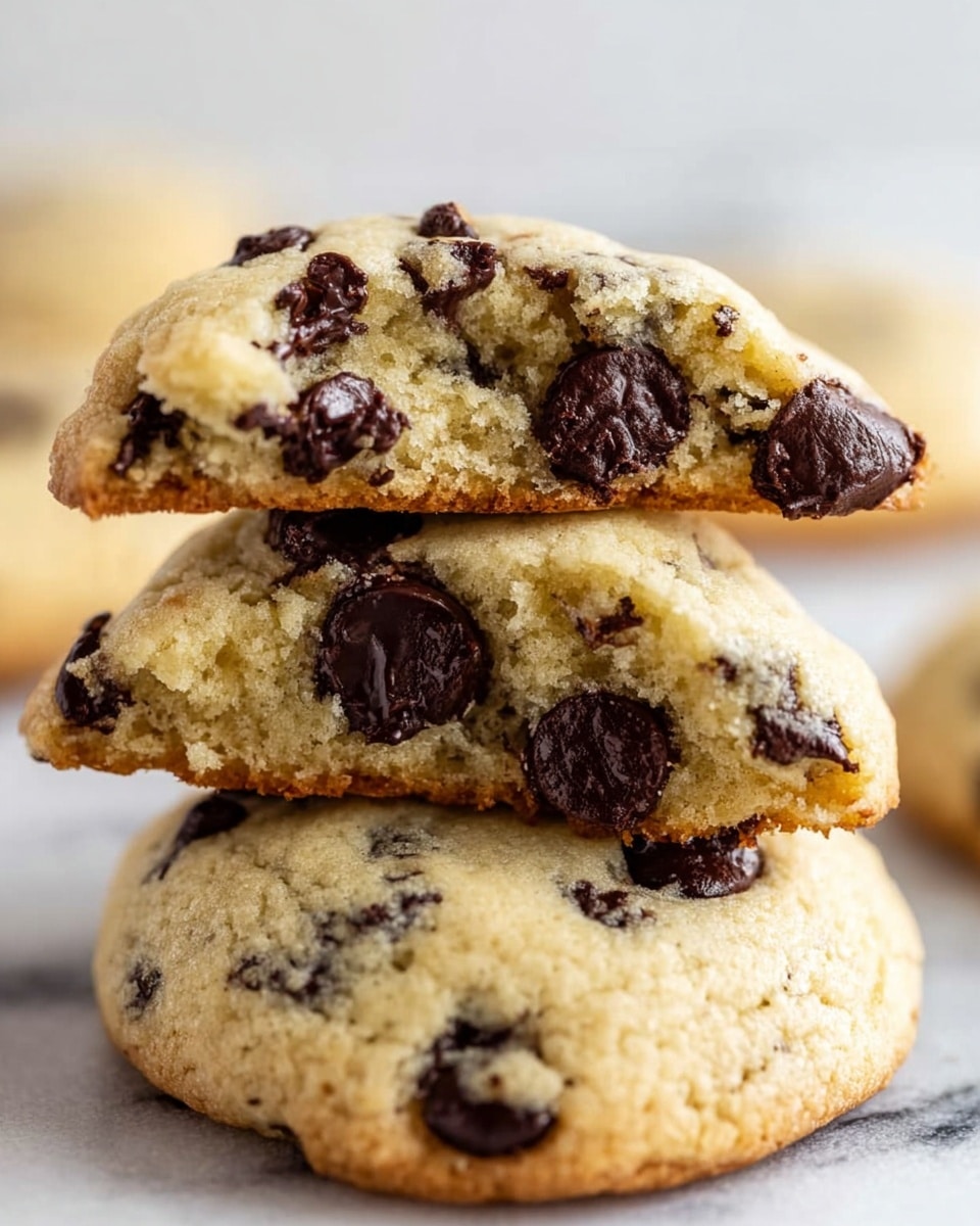 The image shows a close-up of three soft chocolate chip cookies stacked in two layers. The bottom layer is a single whole cookie with a light golden-brown color and scattered dark chocolate chips. On top of it sits a cookie broken into two halves, showing the soft, moist inside with melted dark chocolate chips inside the crumb. To the left, a whole cookie stands upright, highlighting its slightly crispy edges and uneven surface dotted with chocolate chips. The background is a white marbled texture, making the cookies the clear focus of the image. photo taken with an iphone --ar 4:5 --v 7
