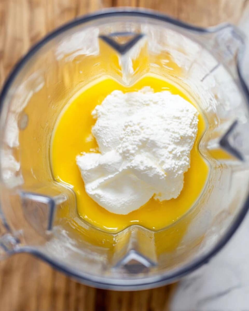 The image shows a close-up top view inside a clear blender jar sitting on a white marbled surface. Inside the blender, there are three visible layers: at the bottom, there is a smooth yellow layer of egg yolks, above it, a thick, white, curd-like layer of cottage cheese rests on top. The clear walls of the blender create some light reflections, and the jar's plastic edges are visible around the contents. The background is softly blurred wooden texture seen through the jar. photo taken with an iphone --ar 4:5 --v 7