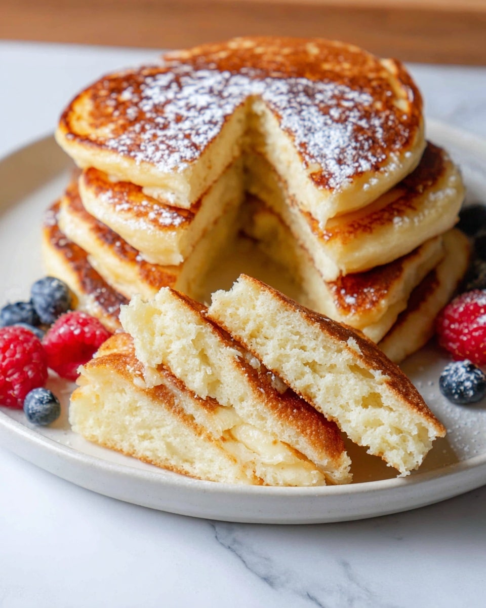 A stack of four thick, golden brown pancakes sits slightly off-center on a white plate with a few blueberries and a raspberry on the side. One pancake is cut into three pieces and placed in the front, showing a soft, fluffy, and porous texture inside, with a light golden crust. The top pancake has a light dusting of powdered sugar. The plate rests on a white marbled surface. Photo taken with an iphone --ar 4:5 --v 7