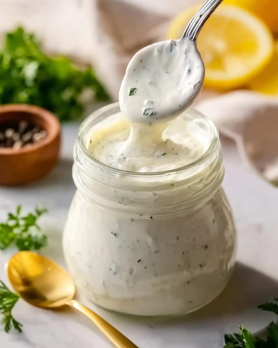 A clear glass jar filled with creamy white sauce with small green herb bits mixed inside, a silver spoon lifts some sauce from the jar showing its smooth and thick texture. The jar sits on a white marbled surface with a golden spoon in front of it, fresh green parsley on the left, black pepper in a wooden bowl, and lemon slices scattered softly blurred in the background. The lighting is bright and natural, highlighting the sauce’s glossy texture. Photo taken with an iphone --ar 4:5 --v 7