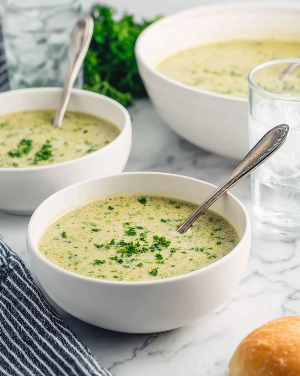Two white bowls filled with a creamy greenish soup with small green herb pieces sprinkled on top. Each bowl has a metal spoon standing inside it. In the background, a large white bowl filled with the same soup with a spoon in it is visible. There are two clear glasses with ice and water placed near the bowls. The setting is on a white marbled surface, with a dark and white striped cloth near the bottom left corner and some green herbs blurred in the background. A small round bread roll is visible near the bottom right corner. photo taken with an iphone --ar 4:5 --v 7