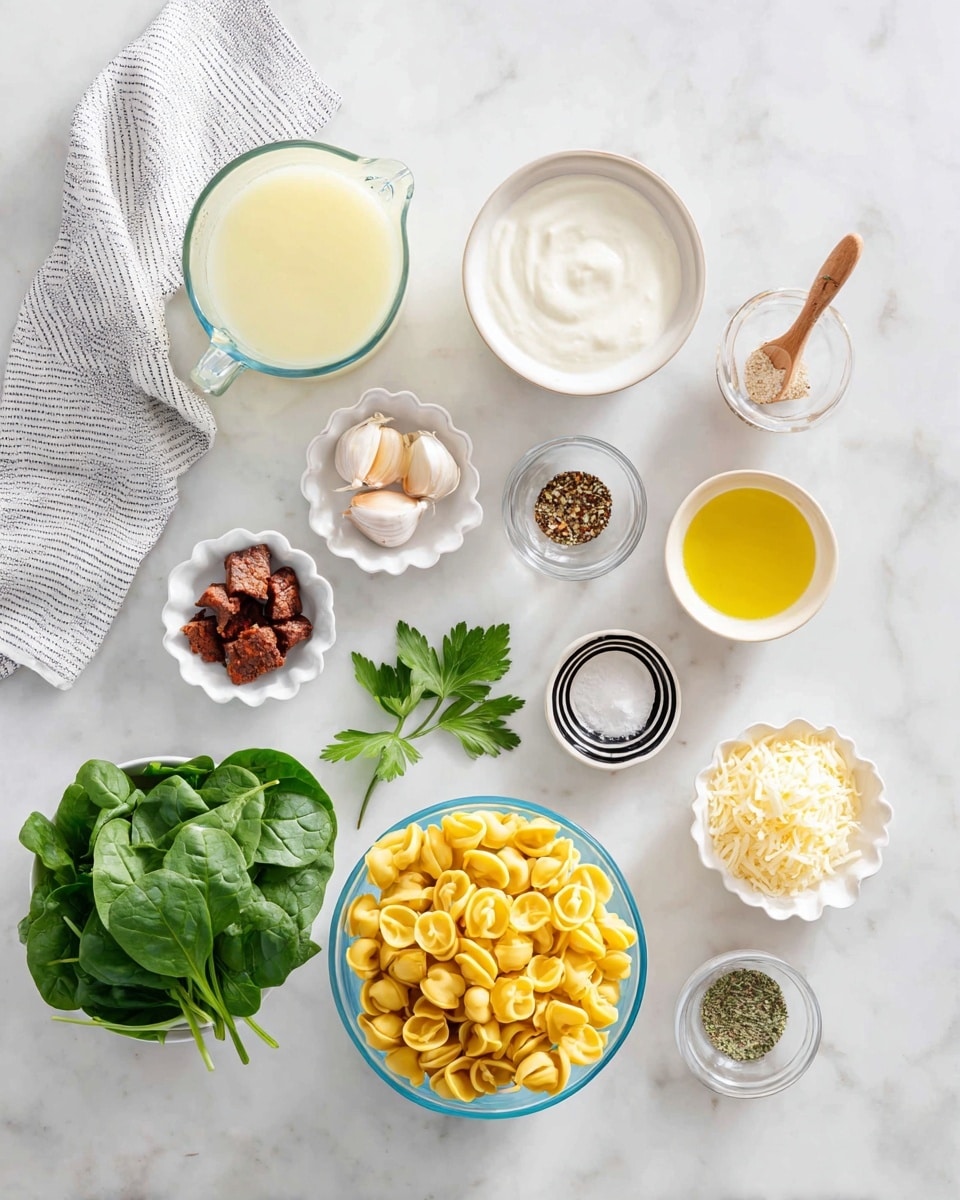 A top-down view of various cooking ingredients arranged on a white marbled surface in a neat layout. Starting from the top left, a clear glass measuring cup holds a pale yellow liquid, next to it on the right is a white bowl filled with a creamy white sauce. Beside this, a small transparent container with a wooden spoon inside contains red chili flakes. Below the measuring cup, three garlic cloves rest in a small white scalloped dish. To the right, a small black and white striped bowl contains small pieces of dark brown cooked meat. Nearby, a white bowl is filled with grated pale yellow cheese, and a small white cup holds a small amount of yellow olive oil. Fresh green parsley leaves lay on the surface next to the small cup. Moving downwards, a larger clear glass bowl is filled with bright yellow tortellini pasta. On the bottom left, a white bowl with a blue rim contains fresh dark green spinach leaves. Around these, several small clear and white bowls contain various spices including black pepper, white salt with a gold spoon, a white powder, and dried herbs in a white scalloped dish. A gray and white striped kitchen towel is placed on the left side of the arrangement. The photo is taken with an iphone --ar 4:5 --v 7