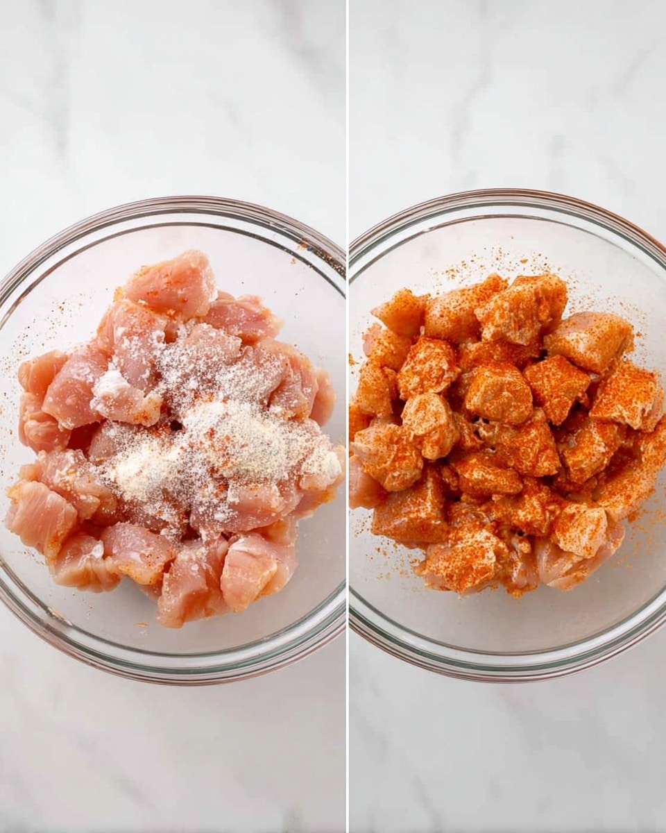 The image shows two clear glass bowls placed side by side on a white marbled surface. Each bowl contains small pink pieces of raw chicken. The left bowl has chicken pieces with a heap of white powder and reddish seasoning scattered on top, while the right bowl shows the same chicken pieces fully mixed with the reddish seasoning, giving them a more uniform orange-pink color. The bowls are round and transparent, clearly showing the texture and color of the chicken inside. photo taken with an iphone --ar 4:5 --v 7