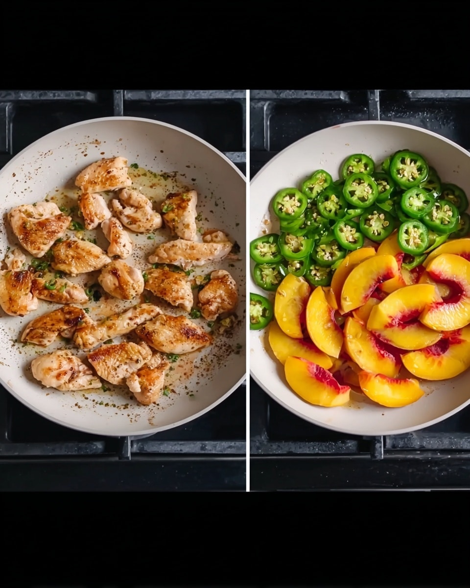 The image shows two white pans side by side, both on a black stove. The left pan has five pieces of cooked chicken, light brown with some darker grilled spots, scattered loosely inside. The right pan contains a layer of bright green sliced jalapeños spread around the base, topped in the middle by a small pile of yellow-orange sliced peaches with red edges. Both pans show some small oil spots and bits of seasoning on the white marbled background beneath the pans. photo taken with an iphone --ar 4:5 --v 7