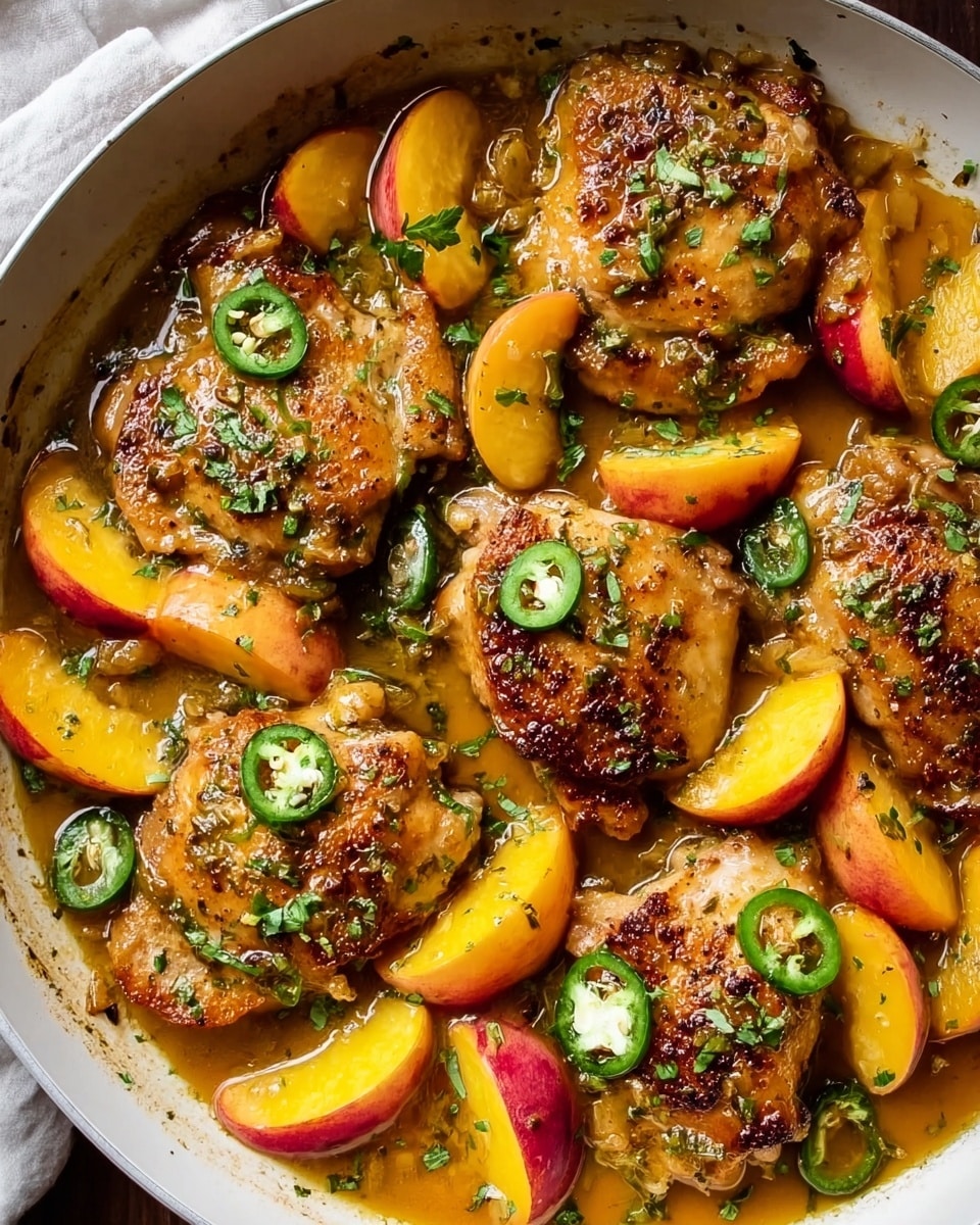 The image shows a white pan filled with six browned chicken pieces, each topped with slices of red and yellow peaches and thin green jalapeño slices. The chicken is covered in a shiny, golden-brown sauce that pools around the pieces in the pan. The peaches add bright yellow and orange colors, while green herbs are sprinkled lightly over the dish, adding small touches of freshness. The background is white marbled, and the whole dish looks warm and juicy. photo taken with an iphone --ar 4:5 --v 7