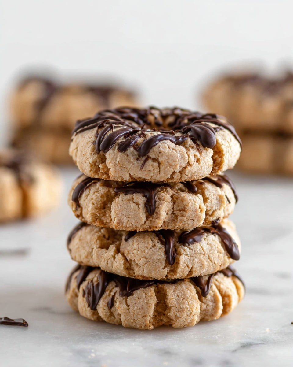 The image shows a stack of four thick, round cookies with a crumbly light brown texture and cracks on the surface. The top cookie has dark chocolate drizzled over it in an uneven but artistic pattern. In the background, there are two more stacks of similar cookies, slightly blurred to keep focus on the front stack. The surface under the cookies is white marble, adding a clean and bright look to the image. The overall presentation feels cozy and homemade. photo taken with an iphone --ar 4:5 --v 7