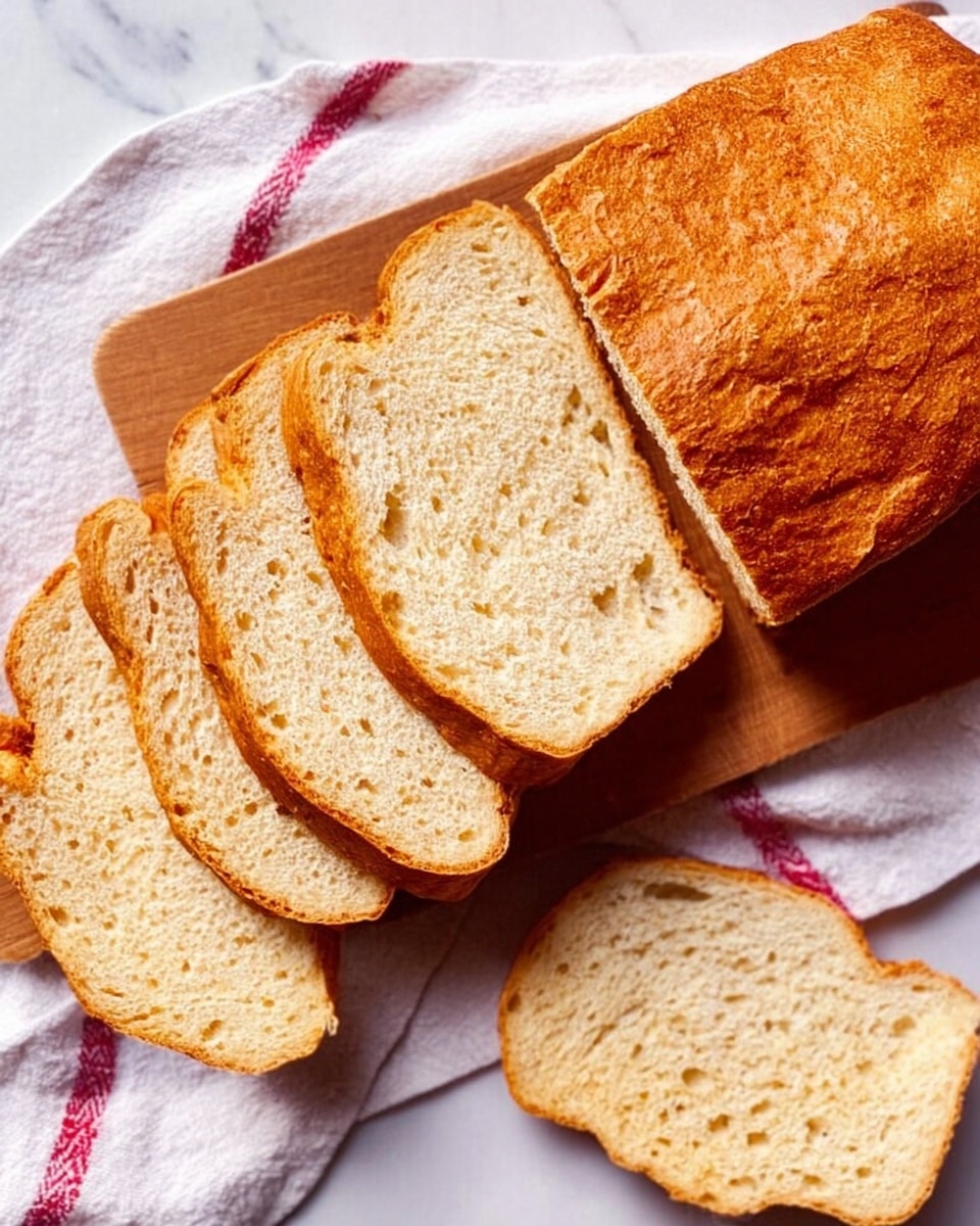 A loaf of light golden-brown bread is sliced into several even pieces and placed on a wooden board. The bread's inside is soft and airy with small holes scattered throughout, while the crust is lightly textured and slightly darker in color. Two slices are placed on the white marbled surface near the wooden board. A white cloth with red stripes is partially visible under the board. Photo taken with an iphone --ar 4:5 --v 7