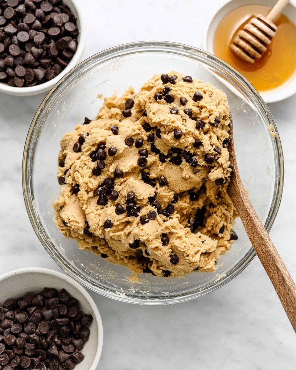 A clear glass bowl holds a large clump of tan cookie dough mixed with dark brown chocolate chips spread evenly throughout. The dough looks rough and slightly crumbly with a wooden spoon partially pressed into the right side, showing some dough stuck on it. To the left and slightly below, two small white bowls sit on a smooth white marbled surface, one filled with many chocolate chips, and the other with honey showing a honey dipper inside it. photo taken with an iphone --ar 4:5 --v 7