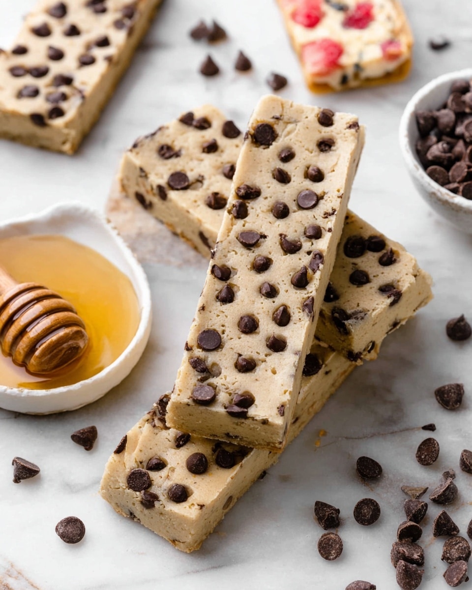The image shows three rectangular bars stacked on a white marbled surface. Each bar has a light beige base that looks soft and dense, covered with many small, dark brown chocolate chips scattered unevenly on top and slightly pressed into the dough. Surrounding the bars are more chocolate chips spread loosely, adding extra texture. To the left, there is a small white bowl filled with golden honey, with a wooden honey dipper resting inside, its ridges catching the light. In the background, partially visible, are other types of bars with different toppings and colors, but the main focus is on the light beige chocolate chip bars in the center. photo taken with an iphone --ar 4:5 --v 7